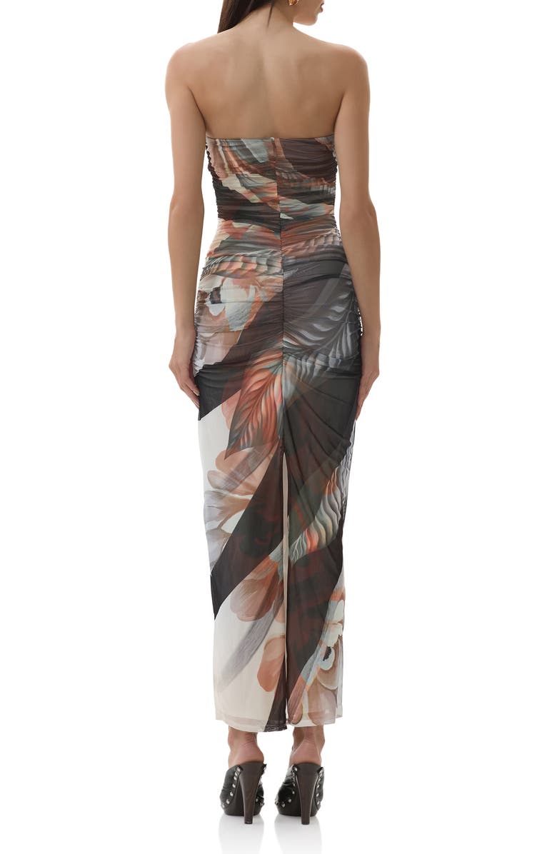 AFRM Marlo Ruched Strapless Mesh Body-Con Dress, Alternate, color, Noir Leaf Lotus