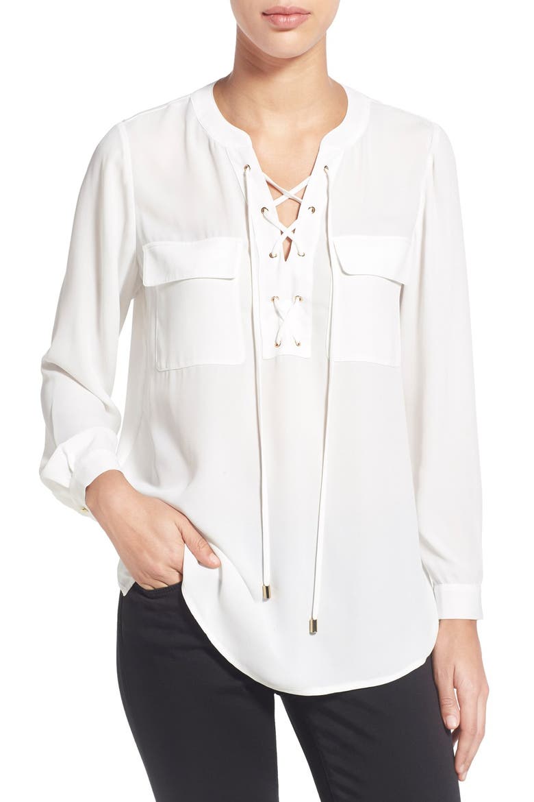 Lace-Up Neck Two-Pocket Blouse, Main, color, NEW IVORY