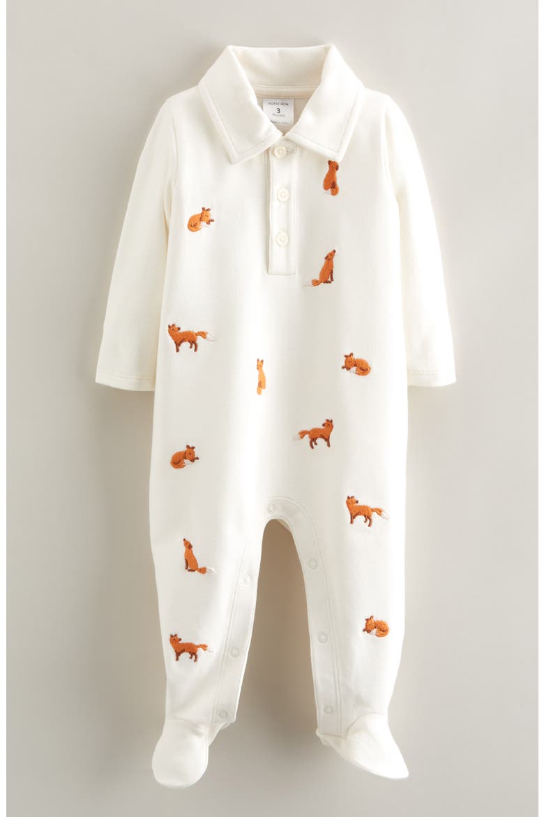 Embroidered Cotton Footie, Main, color, IVORY EGRET FOX FRIENDS