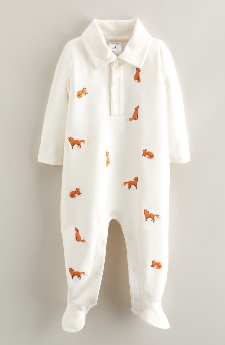 Nordstrom Embroidered Cotton Footie, Main, color, Ivory Egret Fox Friends