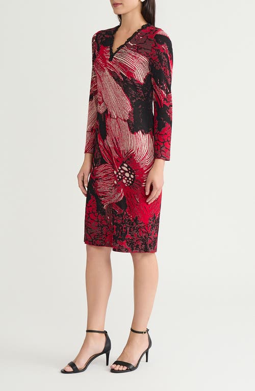 Ming Wang Floral Jaquard Ruffle Trim Long Sleeve Dress In Red