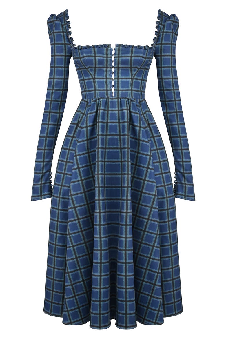 Delia Long Sleeve Midi Cocktail Dress, Alternate, color, BLUE TARTAN PRINT
