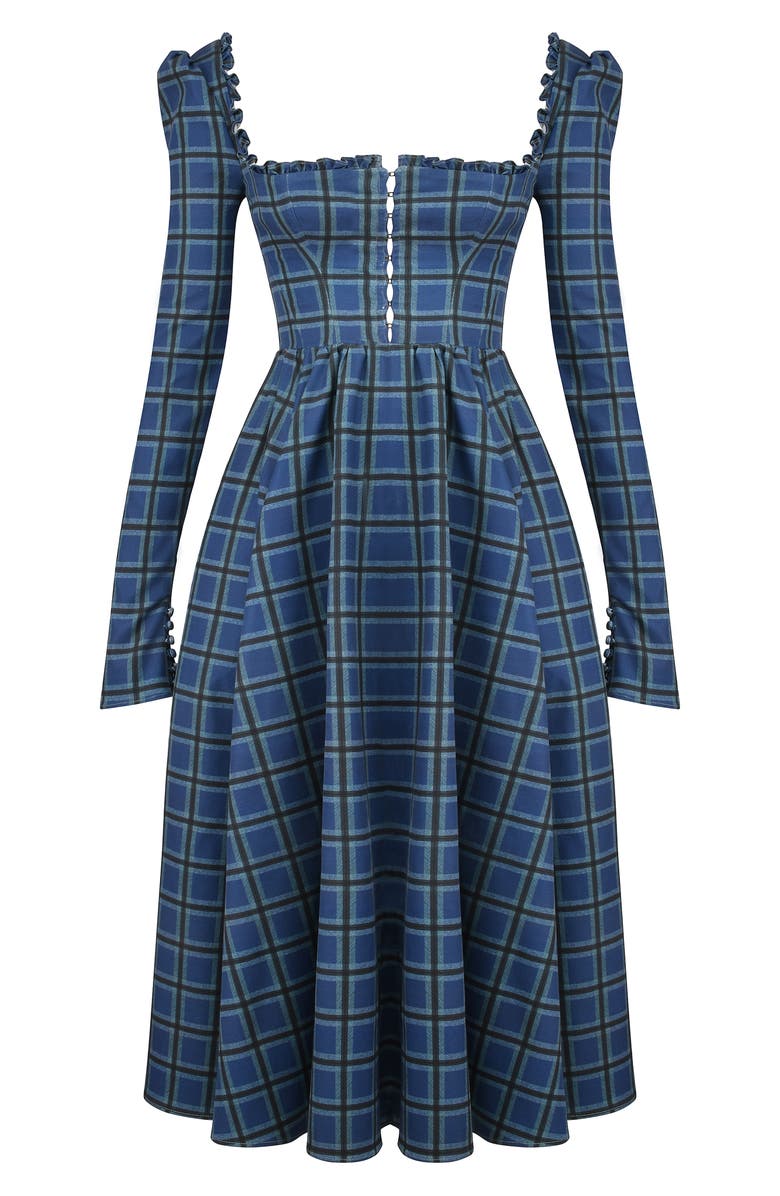 HOUSE OF CB Delia Long Sleeve Midi Cocktail Dress, Alternate, color, Blue Tartan Print