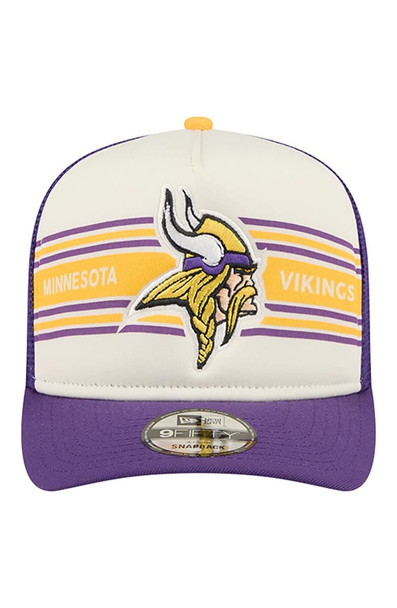 New Era Men
s New Era Cream/Purple Minnesota Vikings Banner A-Frame 9FIFTY Trucker Snapback Hat, Alternate, color, Cream