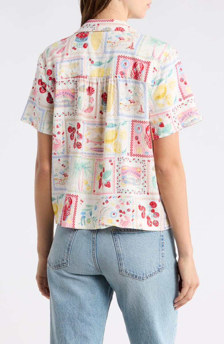 Lucky Brand Post Card Print Linen Blend Camp Shirt, Alternate, color, Multi Postcard