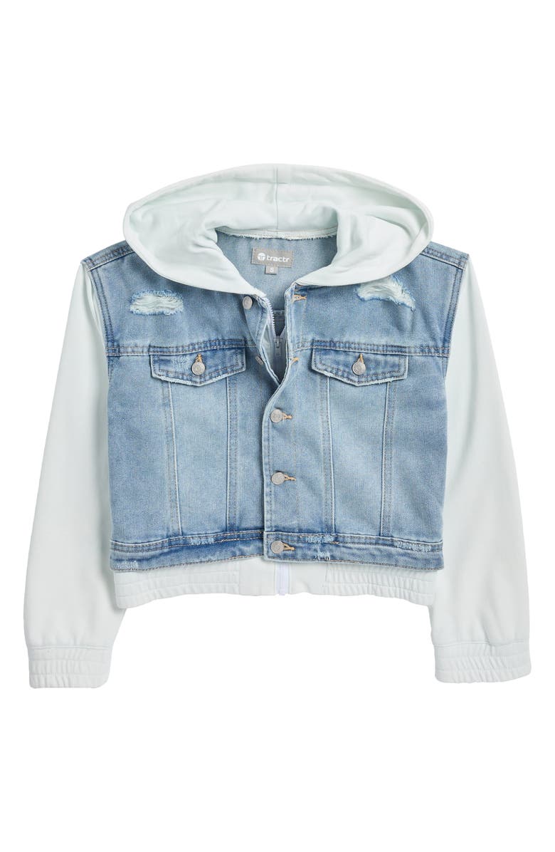 Tractr Kids' Denim & French Terry Hooded Jacket, Main, color, Lite Indigo