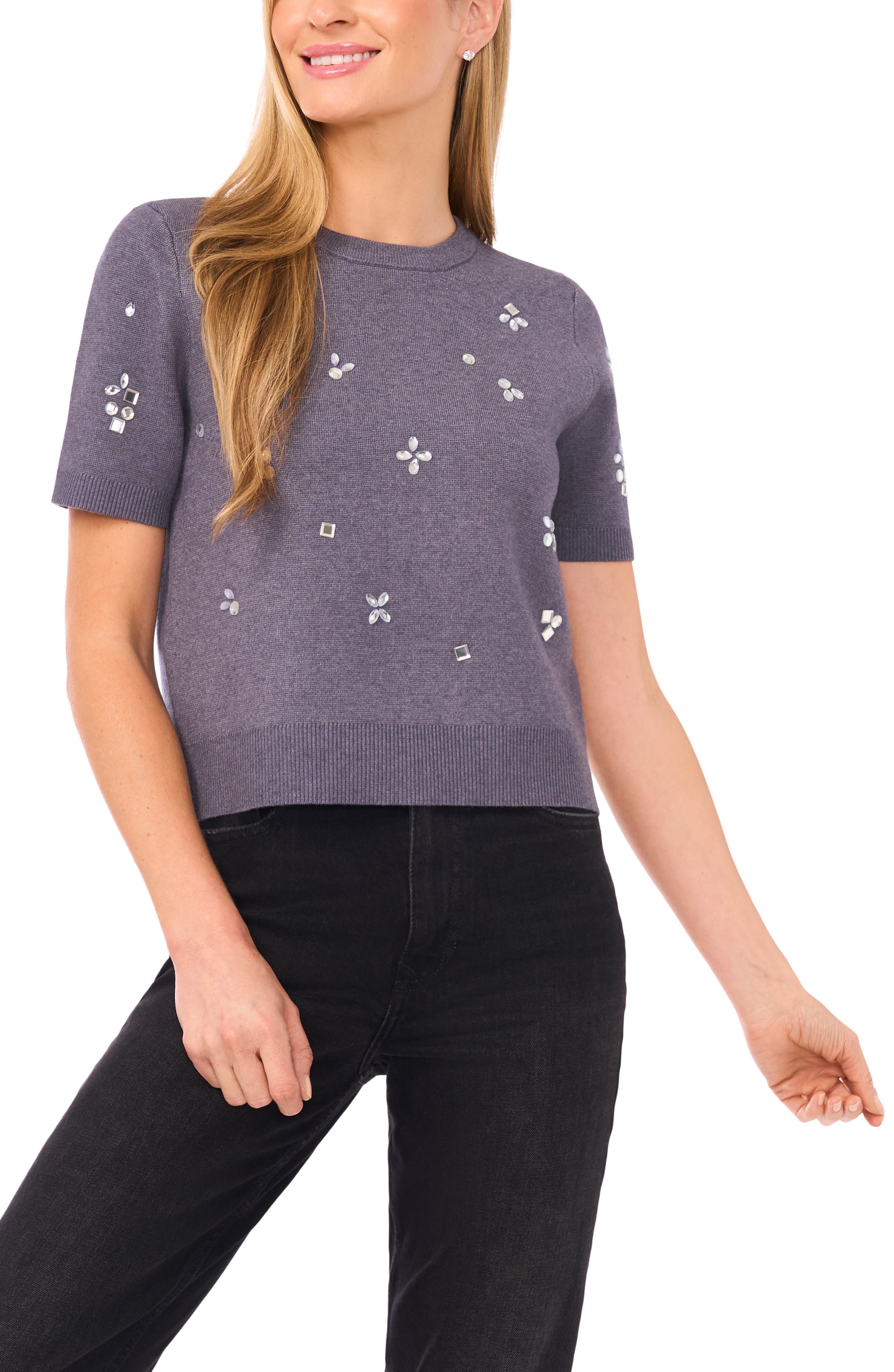 CeCe Embellished Short Sleeve Sweater