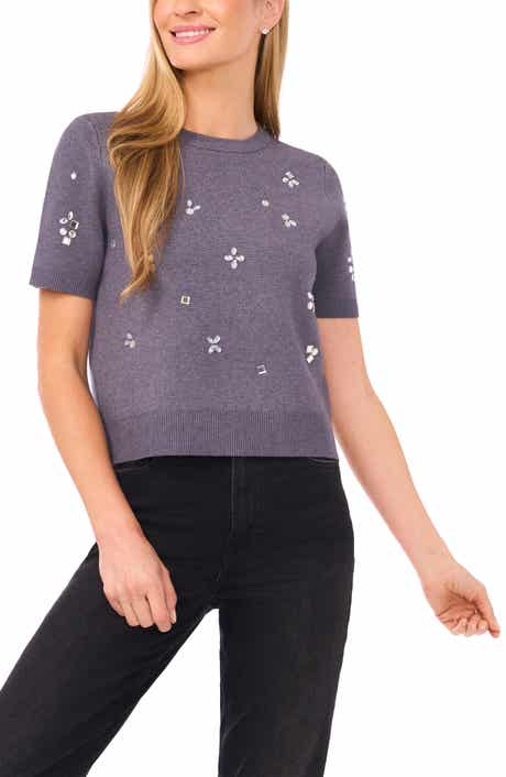 CeCe Embellished Short Sleeve Sweater