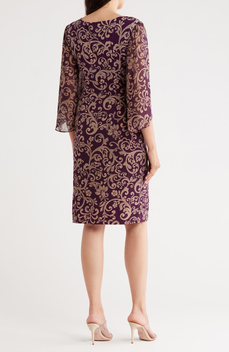 Connected Apparel Floral Cape Sleeve Faux Wrap Dress, Alternate, color, Aubergine