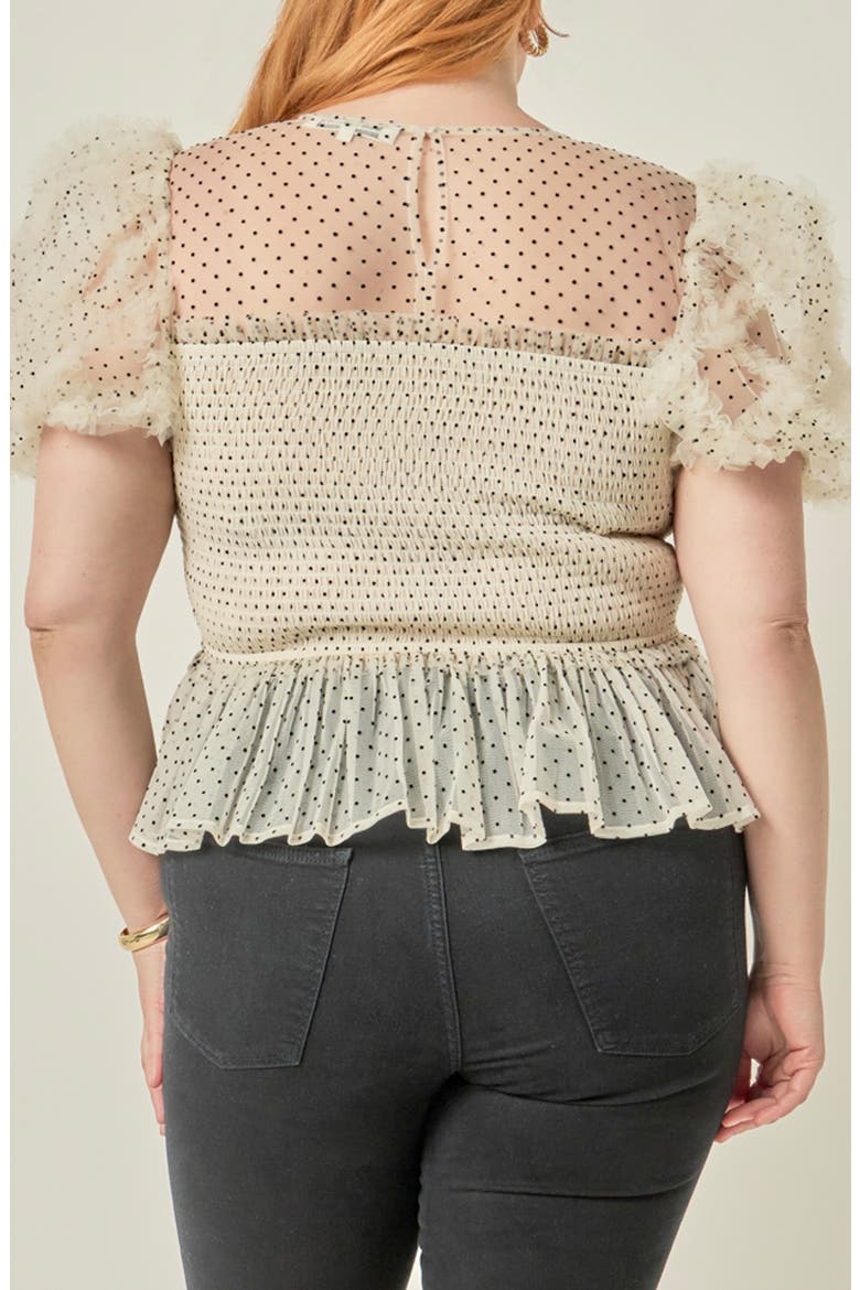 Polka Dot Smocked Puff Sleeve Top, Alternate, color, WHITE/ BLACK