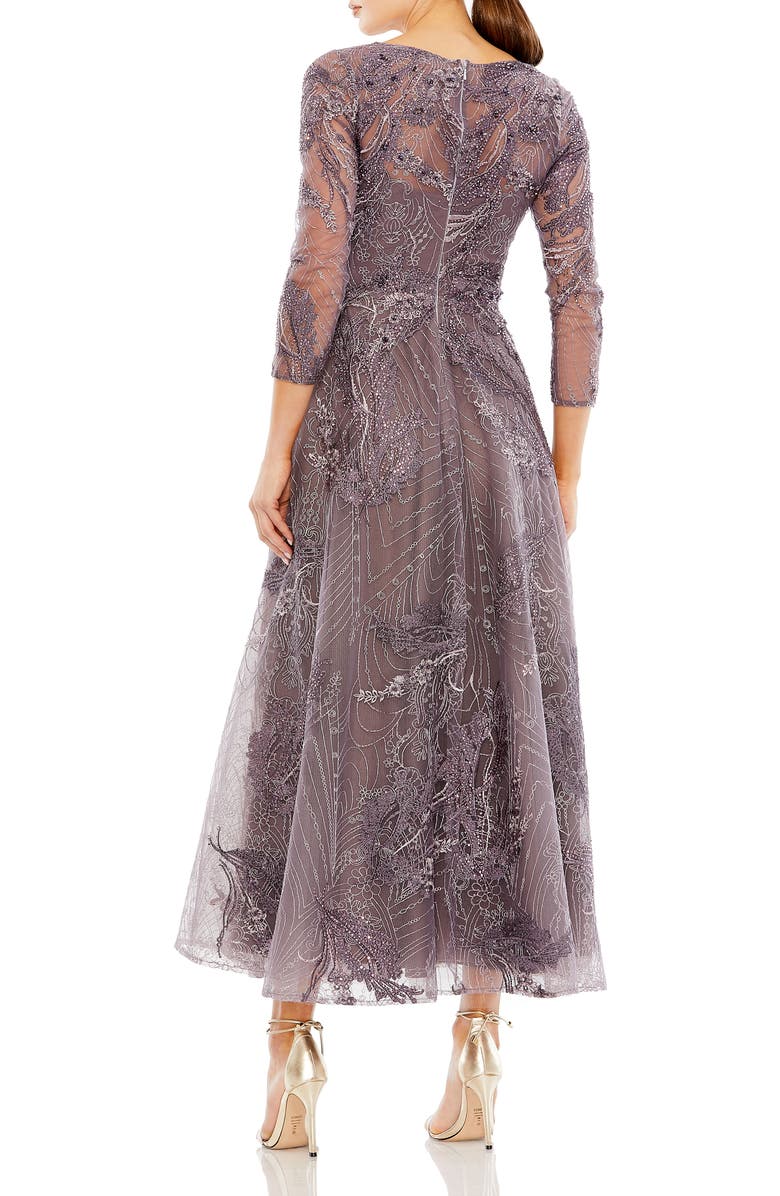 Mac Duggal Embellished Wrap Over 3/4 Sleeve Dress, Alternate, color, Aubergine