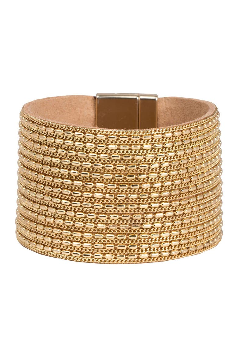 Rock n' Roll Chain & Leather Cuff Bracelet, Alternate, color, GOLD