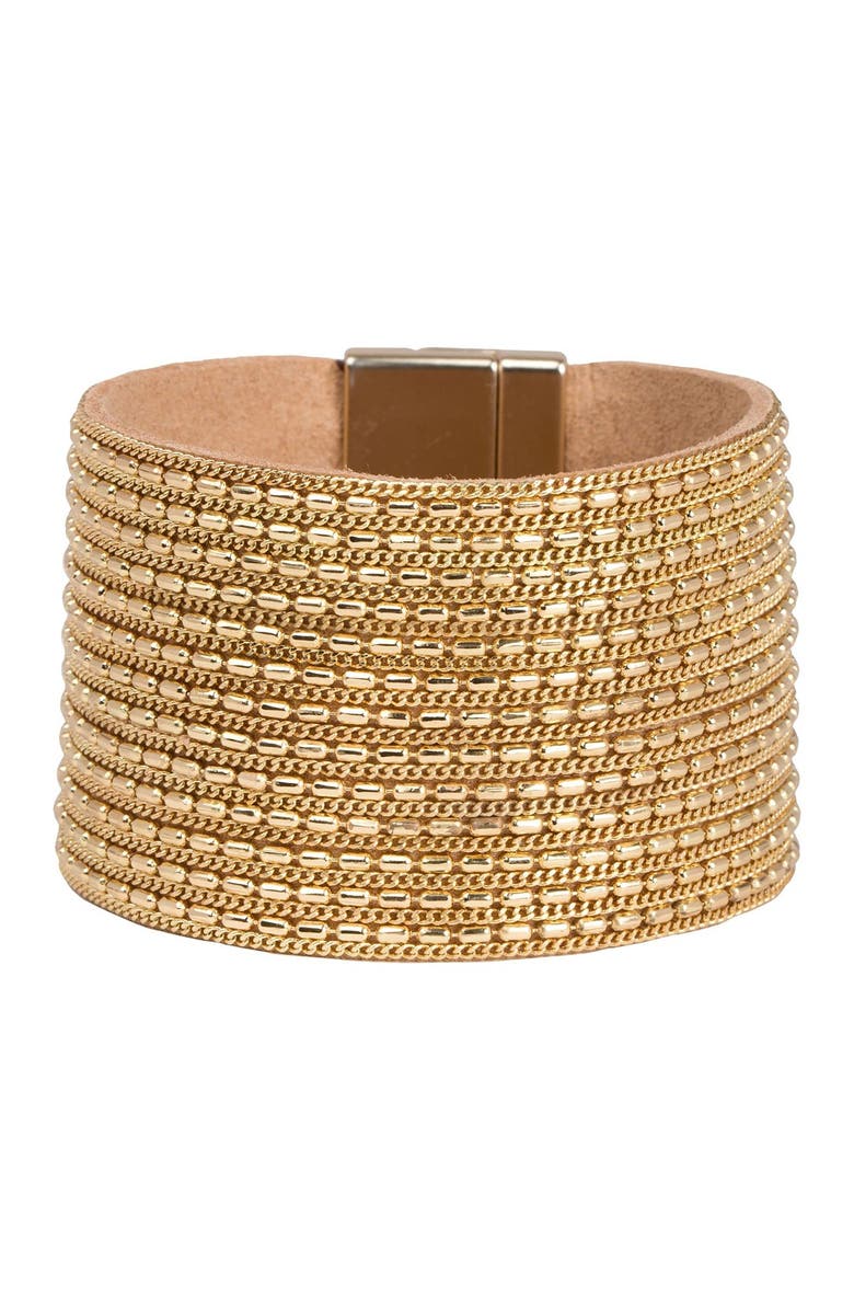 SAACHI Rock n' Roll Chain & Leather Cuff Bracelet, Alternate, color, Gold