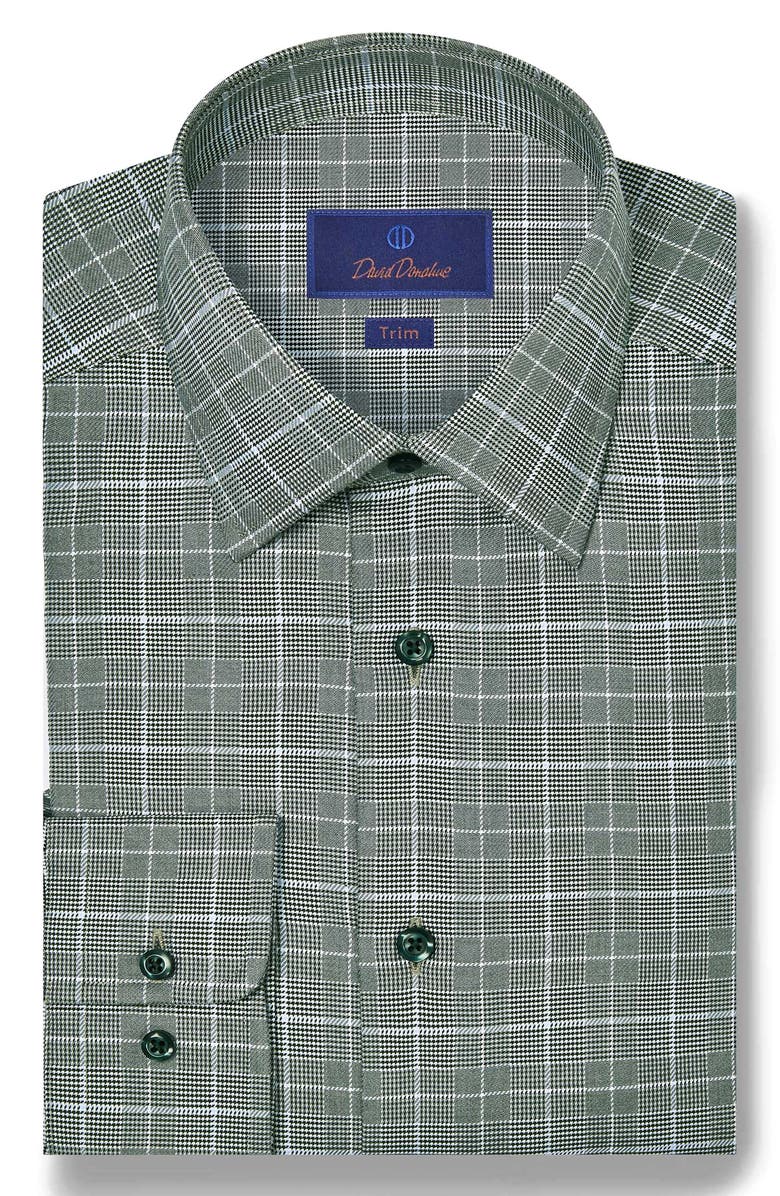 David Donahue Trim Fit Twill Glen Check Cotton Dress Shirt, Main, color, Hunter