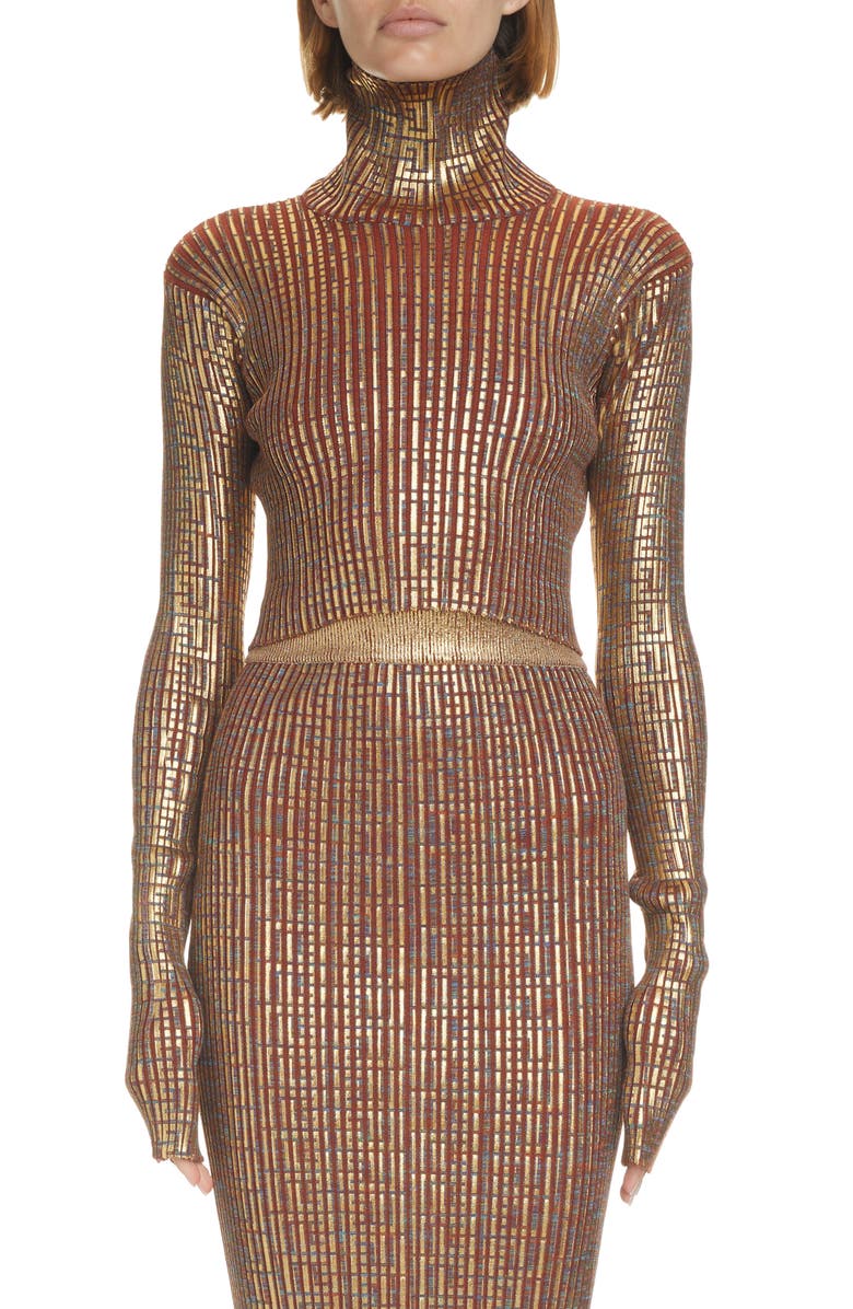 Balmain Laminated Monogram Rib Crop Turtleneck, Main, color, 
