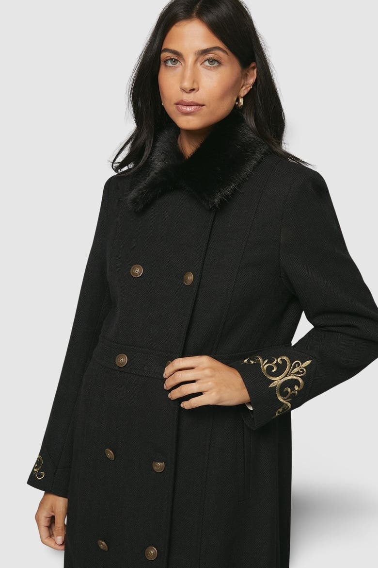 Faux Fur Military Coat, Alternate, color, Black