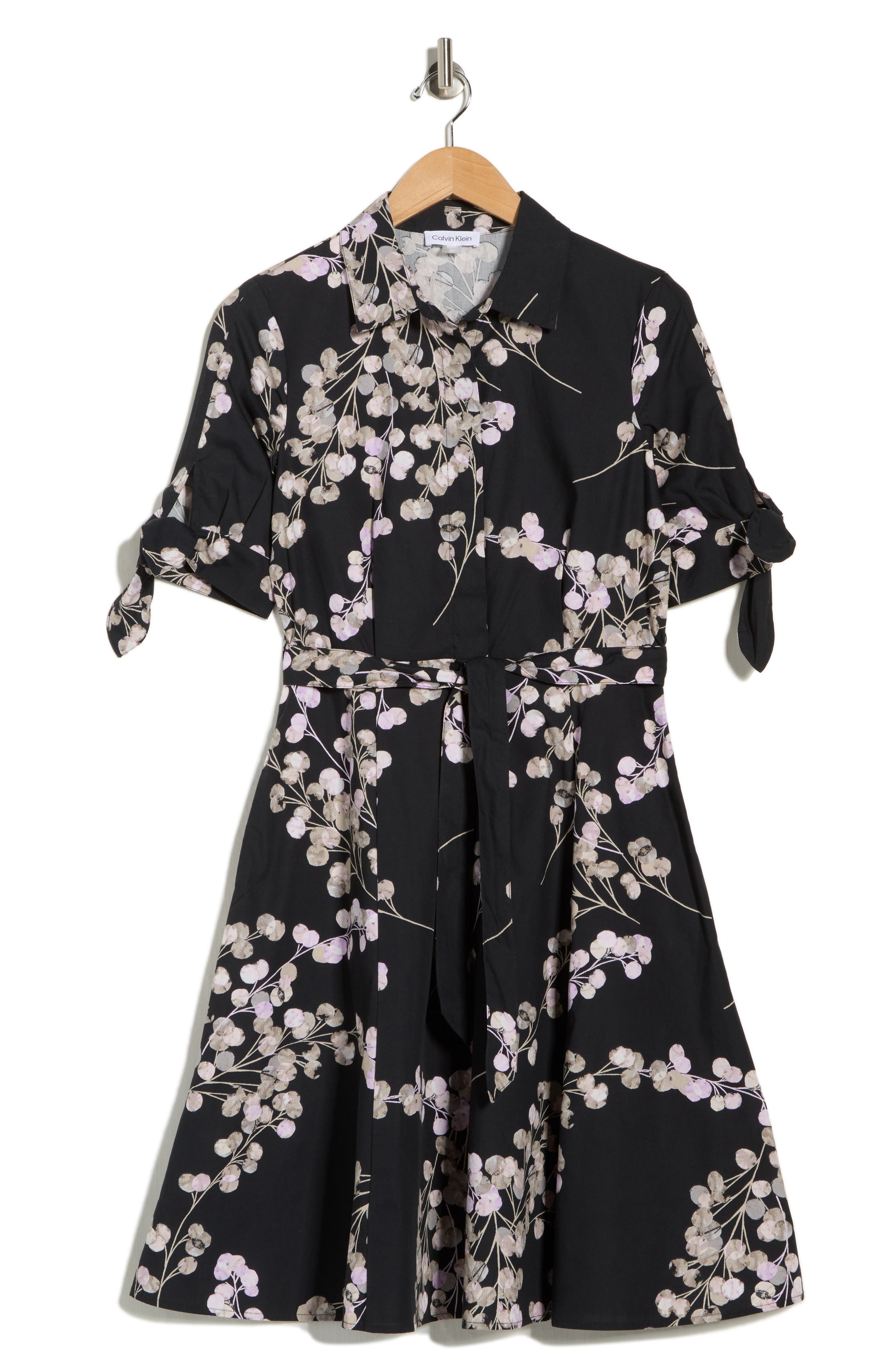 Calvin Klein Floral Short Sleeve Tie Cotton Shirtdress