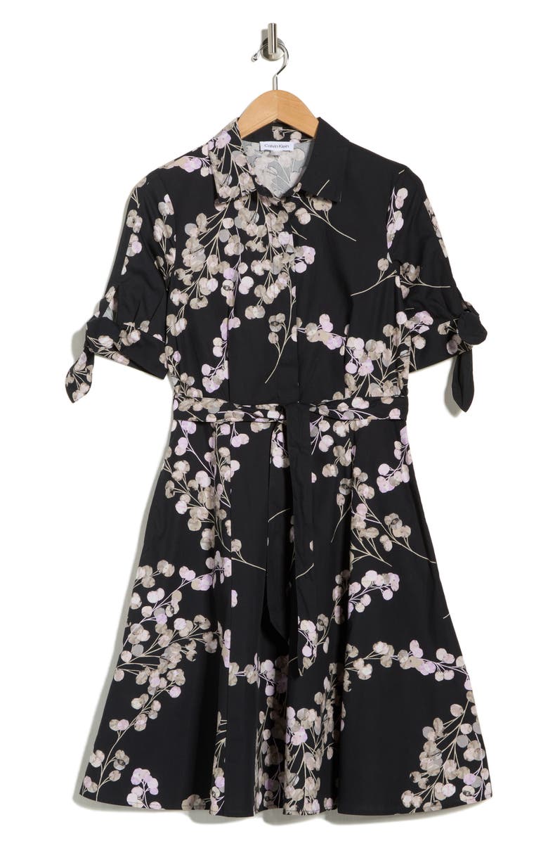 Calvin Klein Floral Short Sleeve Tie Cotton Shirtdress, Main, color, Black/ Cherry Blossom Multi