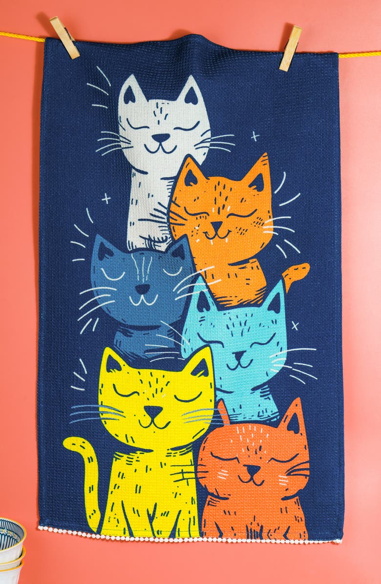 Tiramisu Cool Cats Set of 3 Cotton Kitchen Towels, Alternate, color, Blue/ Yellow/ Black