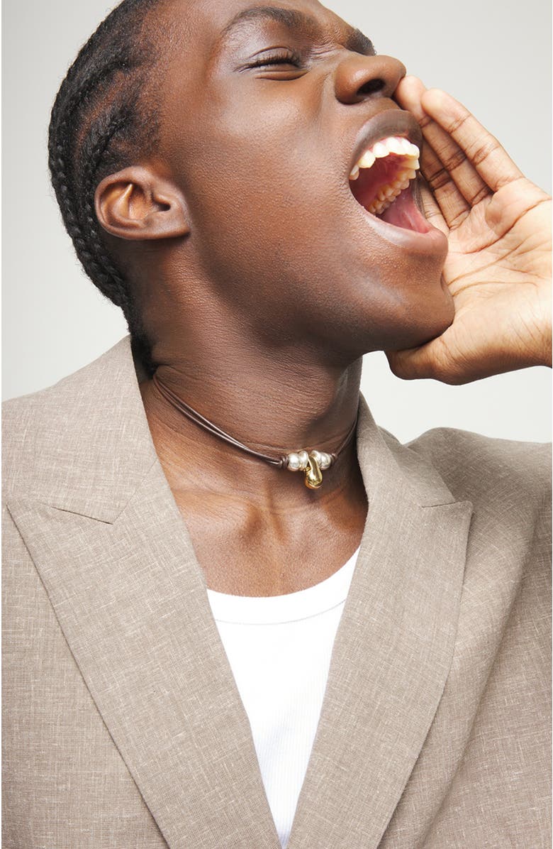 UNODE50 Leather necklace with three dials plated in a mix of silver and 18k gold, Alternate, color, Gold