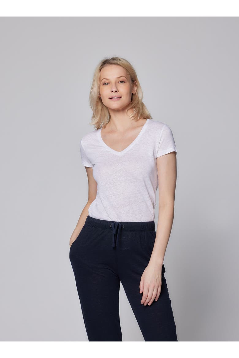 Stretch Linen Short Sleeve V-Neck T-Shirt, Alternate, color, BLANC