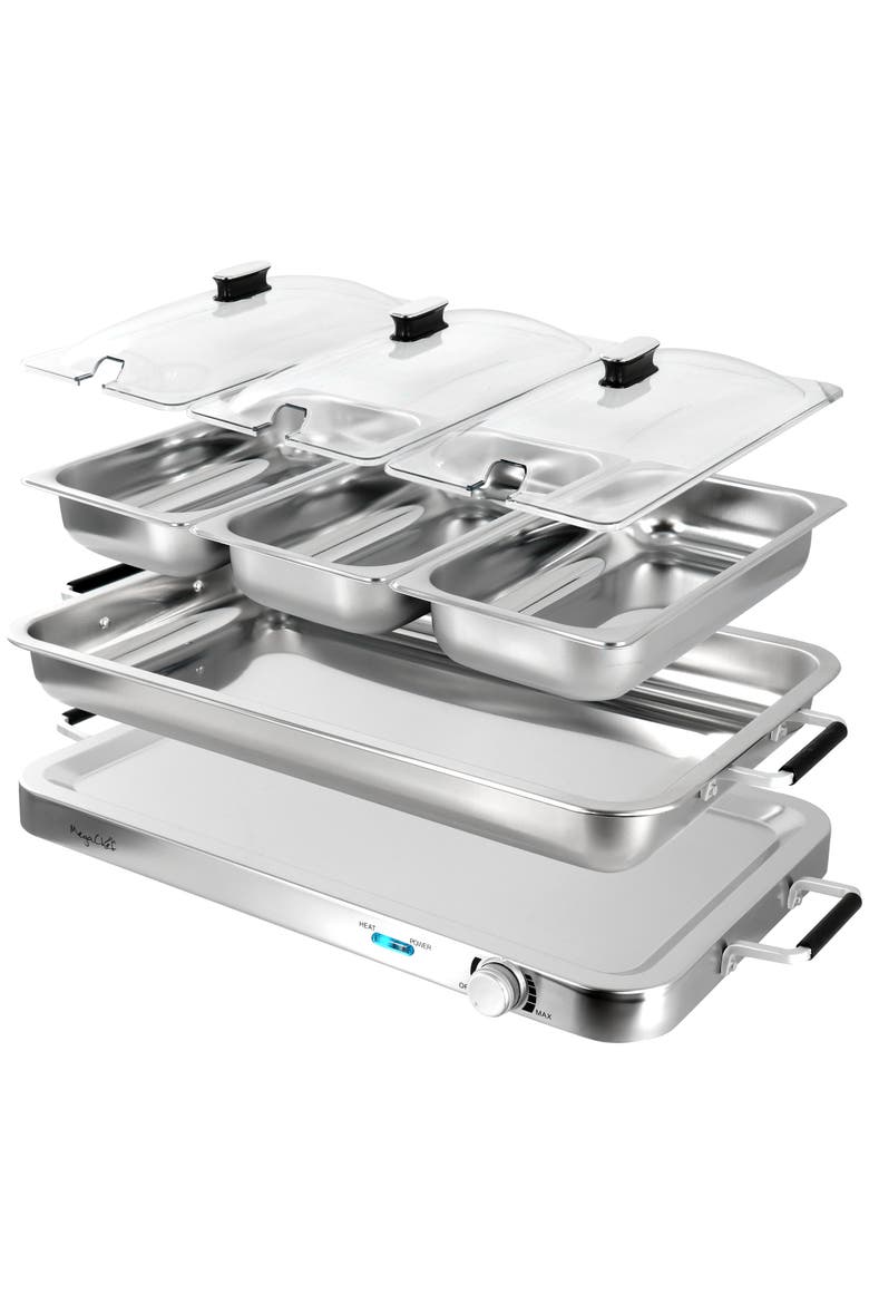 3-in-1 Electric Chaffing Buffet Server and Warming Tray with Triple 2.63 Quart Trays and 8.6 Quart Baking Pan, Alternate, color, Grey