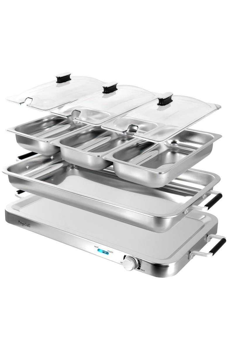 Megachef 3-in-1 Electric Chaffing Buffet Server and Warming Tray with Triple 2.63 Quart Trays and 8.6 Quart Baking Pan, Alternate, color, Grey