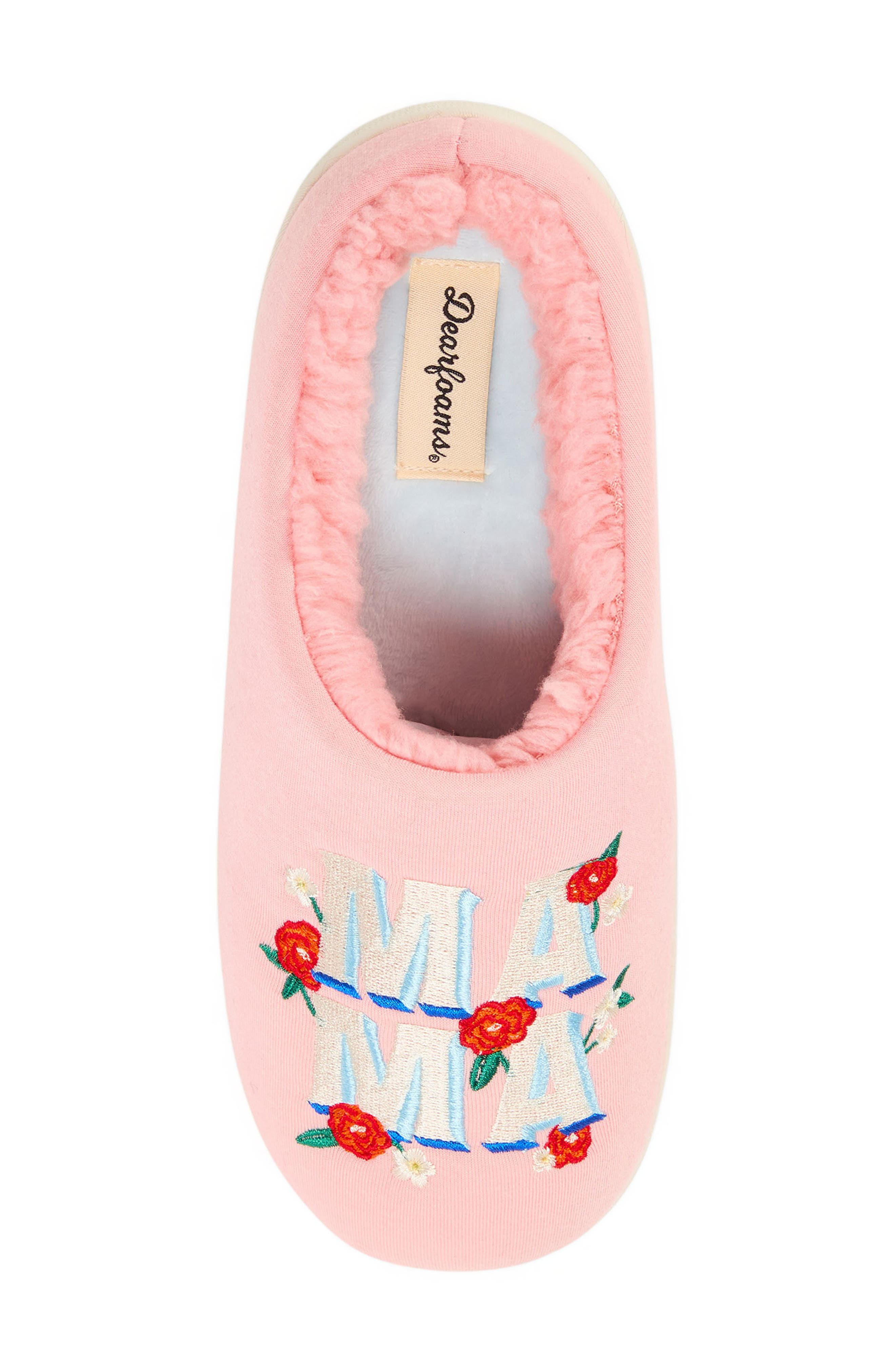DEARFOAMS 'Mama' Embroidered Faux Fur Lined Slipper, Alternate, color, Coral Cream