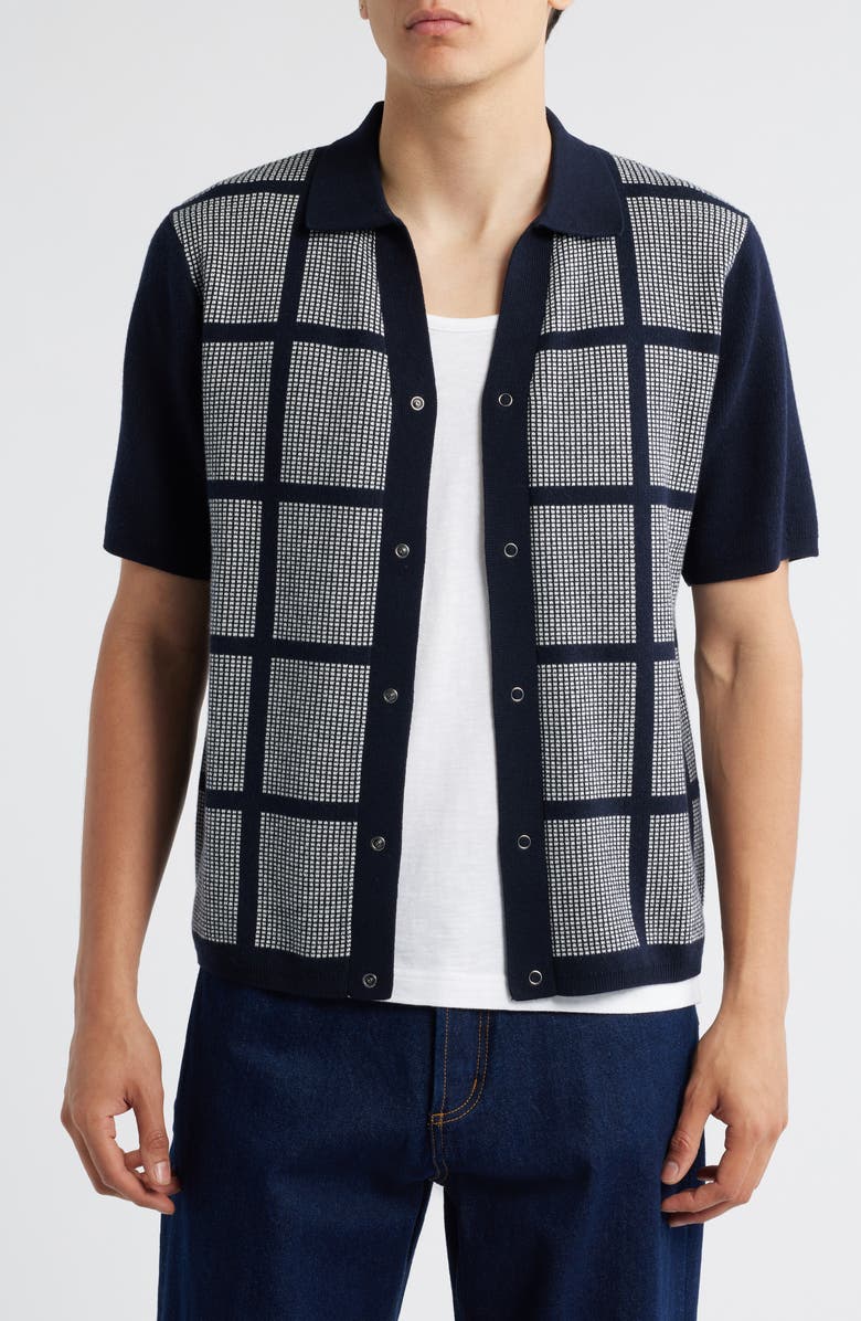 Percival Costa Geo Pattern Short Sleeve Wool & Cotton Cardigan, Alternate, color, Navy