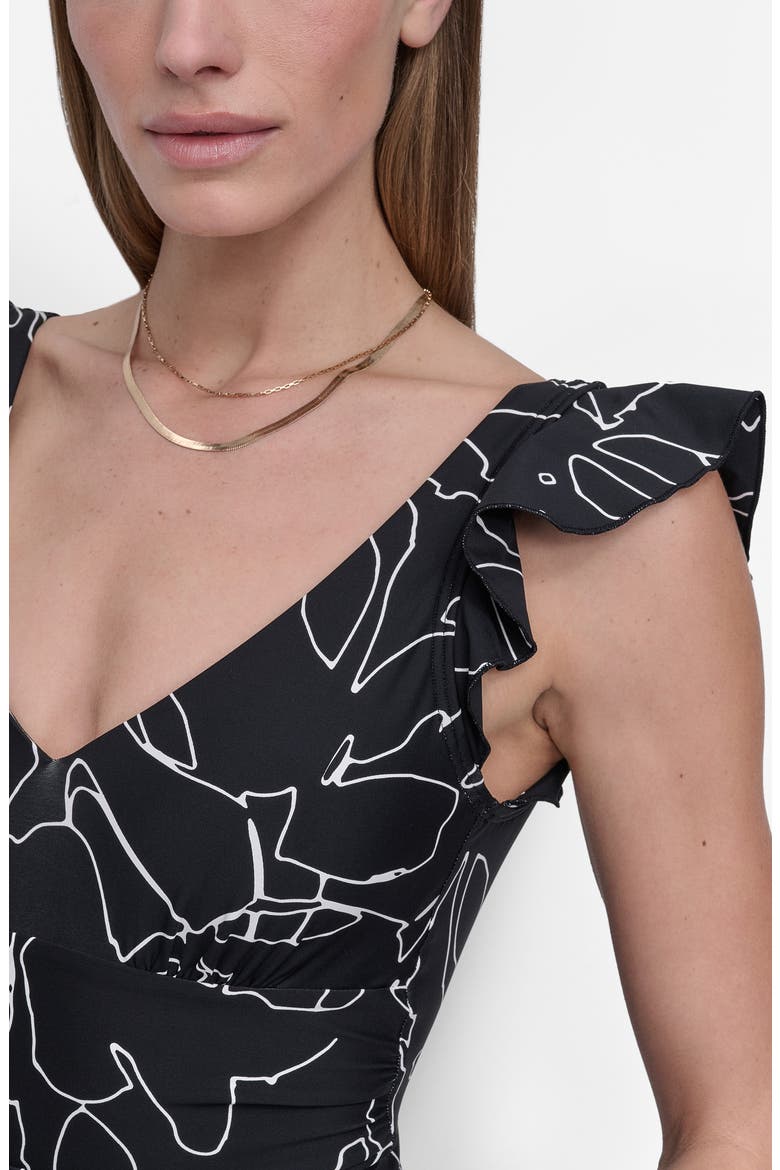 Ruffle Sleeve One-Piece Swimsuit, Alternate, color, BLACK OUTLINE