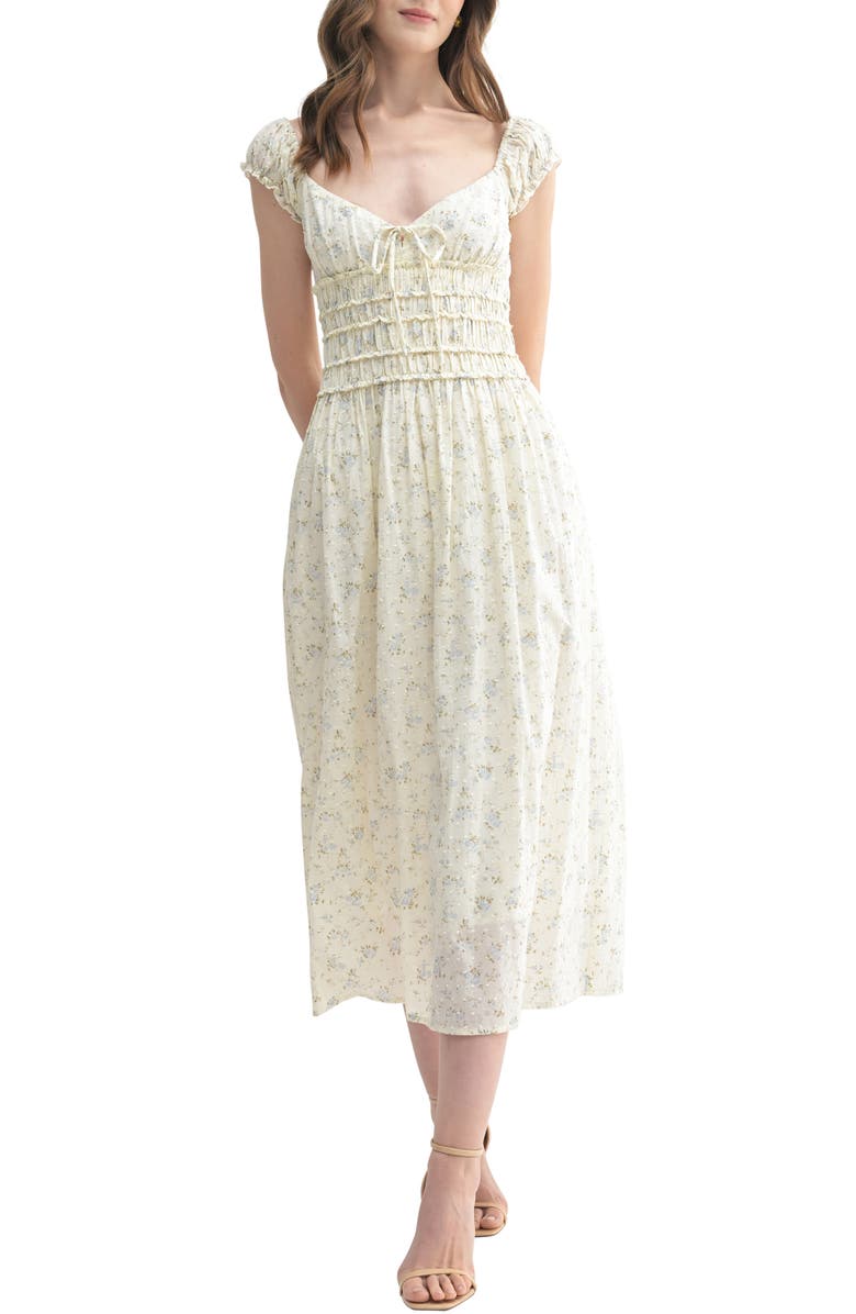 All in Favor Floral Print Swiss Dot Midi Dress, Main, color, Cream Blue