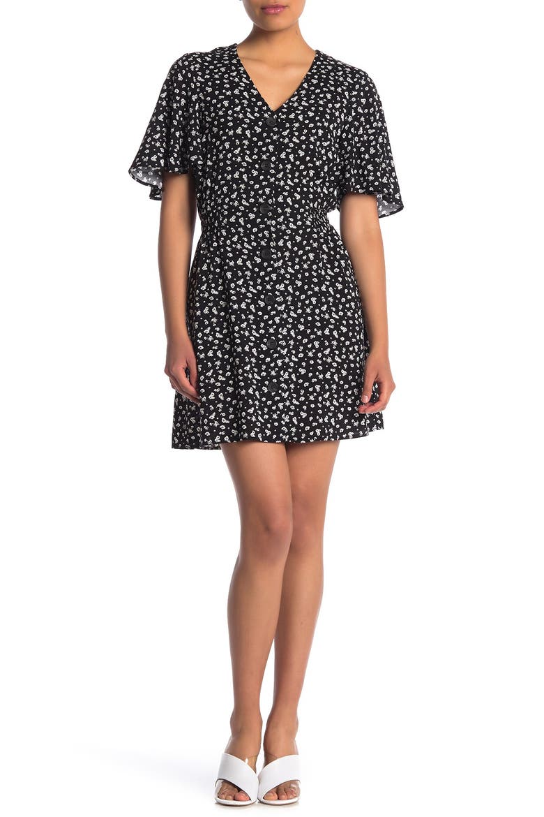 Flutter Sleeve Button Front Dress, Main, color, BLACK FLORAL