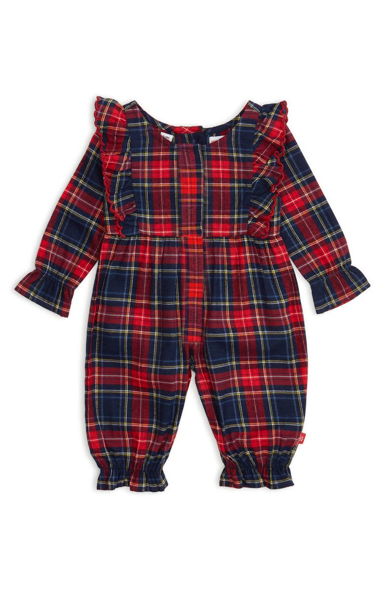 Magnetic Me Holiday Plaid Ruffle Flannel Magnetic Romper, Main, color, Blue