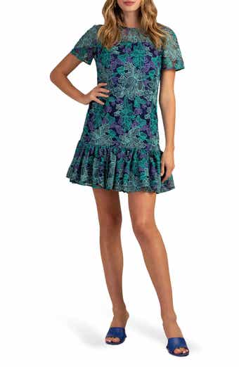 Trina Turk Abstract Embroidered Mesh Short Sleeve Dress