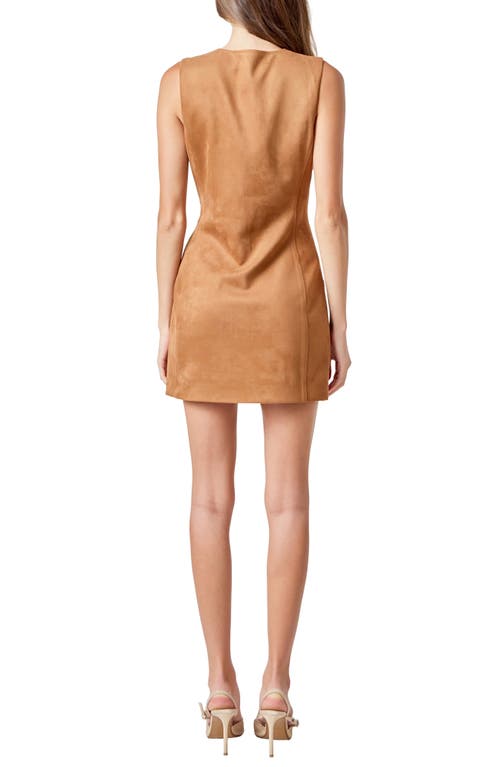 Endless Rose Faux Suede Round Neck Buttoned Mini Dress Camel In Brown