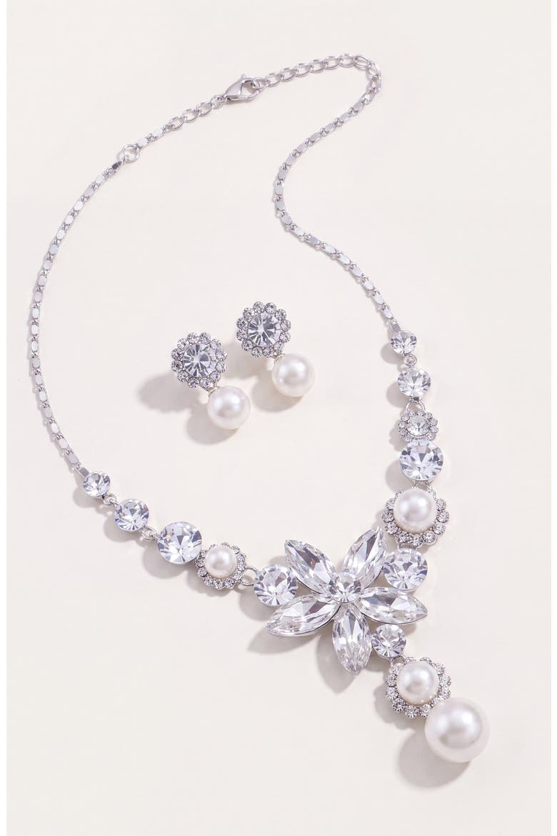 Flower Pearl Drop Necklace and Earrings Set, Alternate, color, Silver