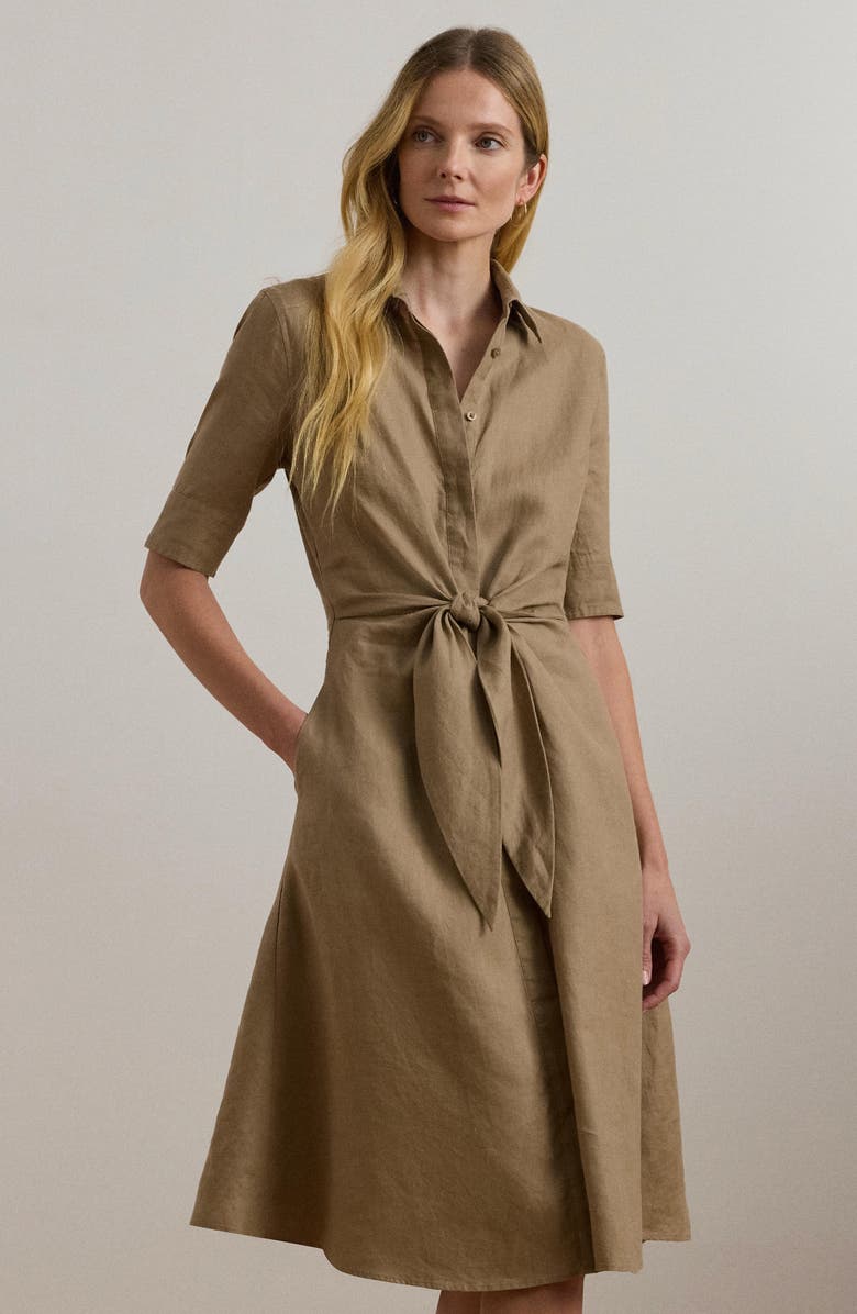 Lauren Ralph Lauren Tie Front Linen Shirtdress, Alternate, color, Madison Tan