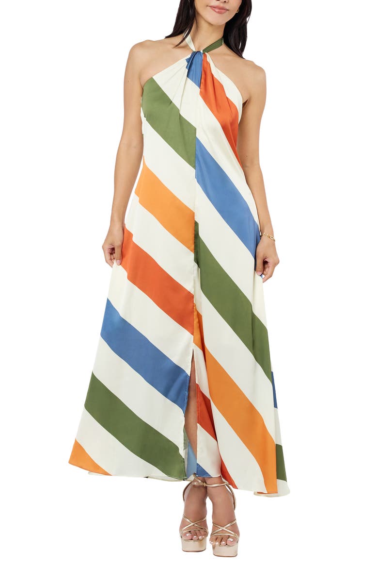 Jayla Diagonal Stripe Halter Dress, Main, color, WHITE MULTI