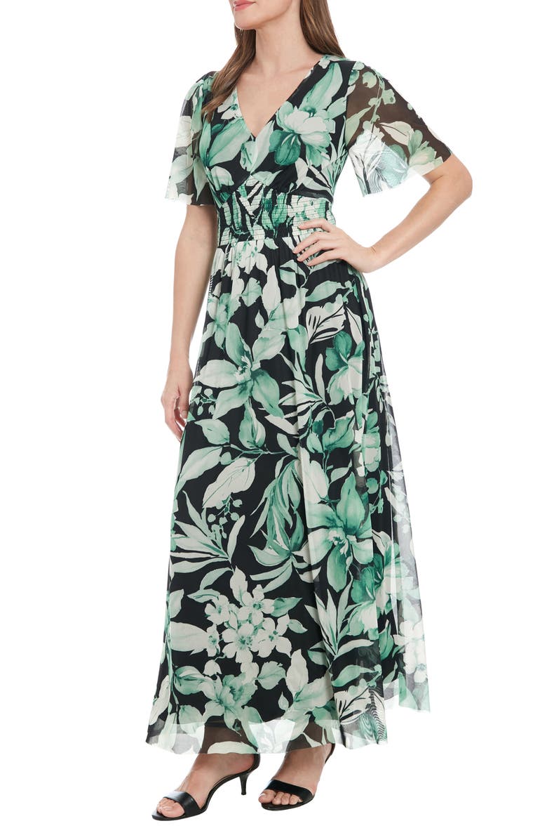 London Times Floral Smocked Flutter Sleeve Mesh Maxi Dress, Alternate, color,