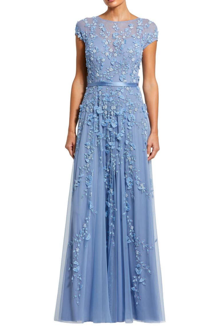 Petite Floral Embellished Short Sleeve Mesh Gown, Main, color, Sky Blue