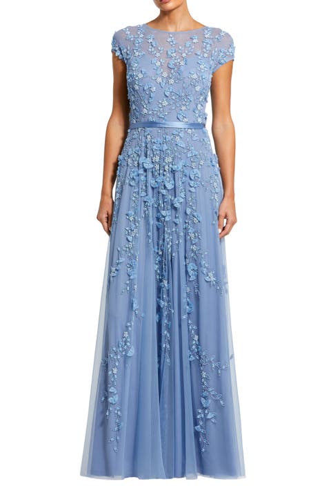 Petite Floral Embellished Short Sleeve Mesh Gown