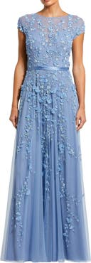 Mac Duggal Petite Floral Embellished Short Sleeve Mesh Gown