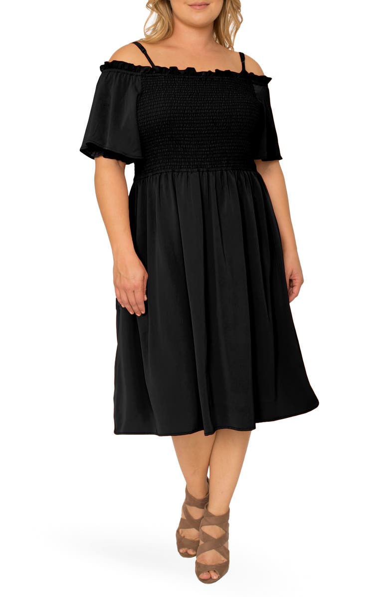 Standards & Practices Gabi Cold Shoulder Smocked Midi Dress, Main, color, 