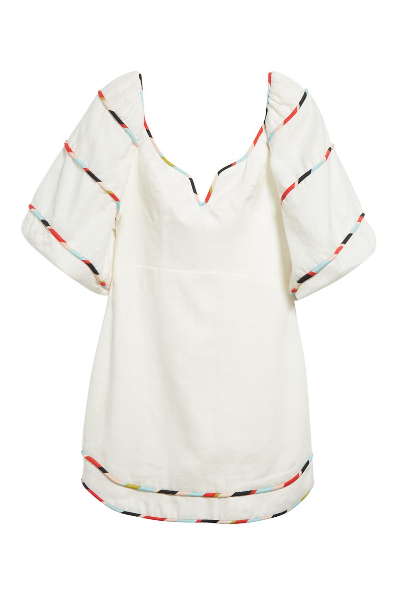 Stripe Trim Puff Sleeve Linen Minidress, Alternate, color, WHITE