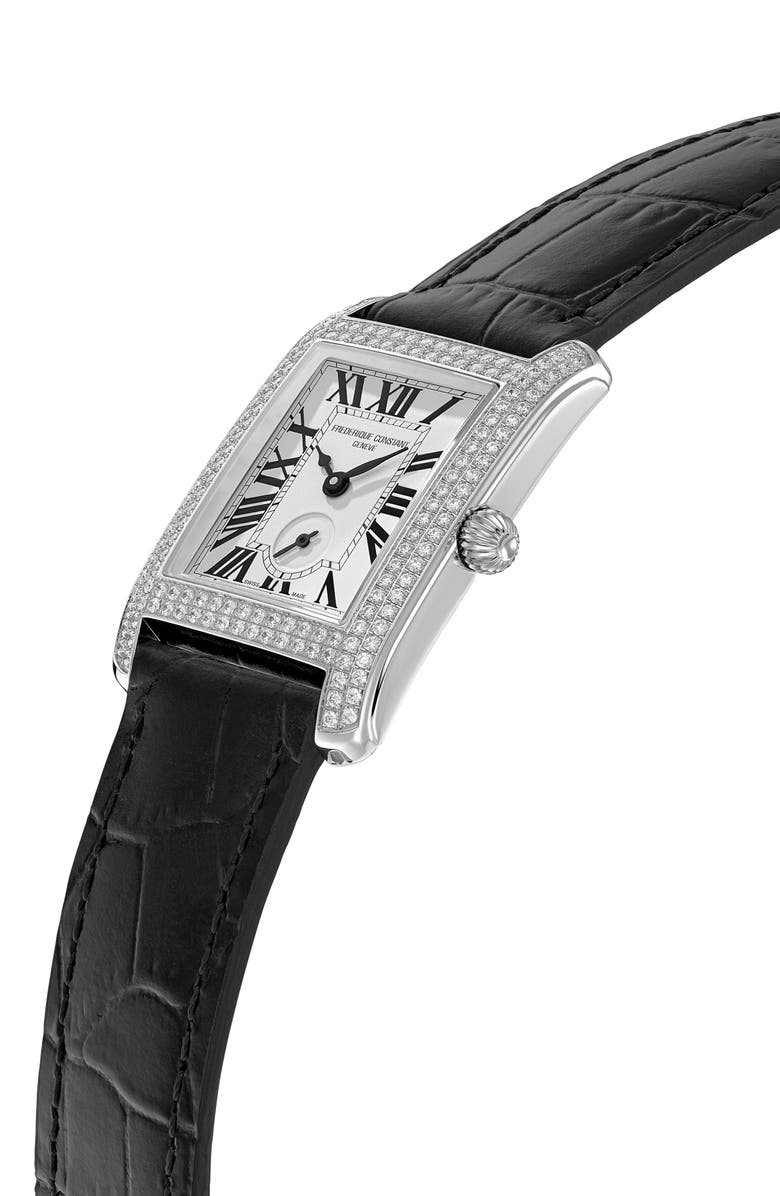 FREDERIQUE CONSTANT Classic Carrèe Diamond Leather Strap Watch, 28mm x 25mm, Alternate, color, Black