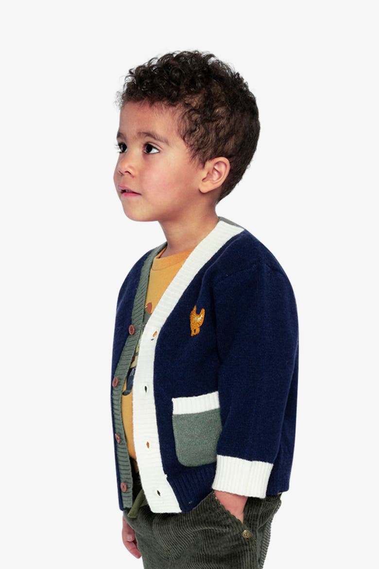 Dino Embroidered Colorblock Pocket Knit Cardigan, Alternate, color, Dark Blue, Green and Yellow