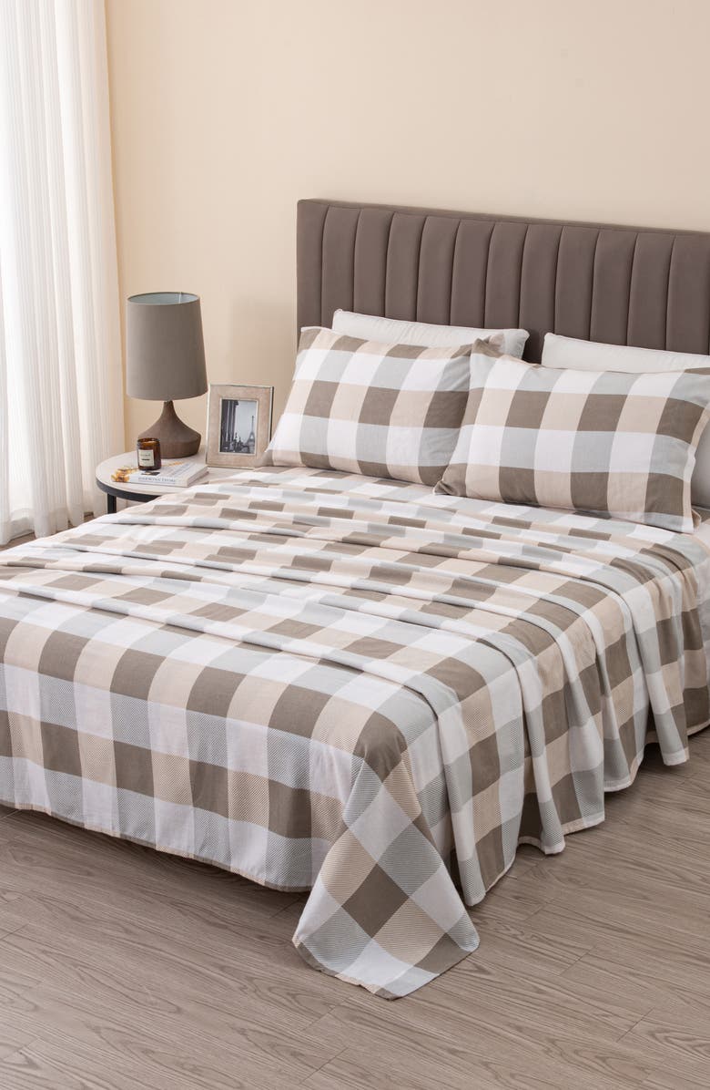 Woven & Weft Turkish Cotton Flannel Plaid Sheet Set, Alternate, color, Soft Taupe / Pale Grey