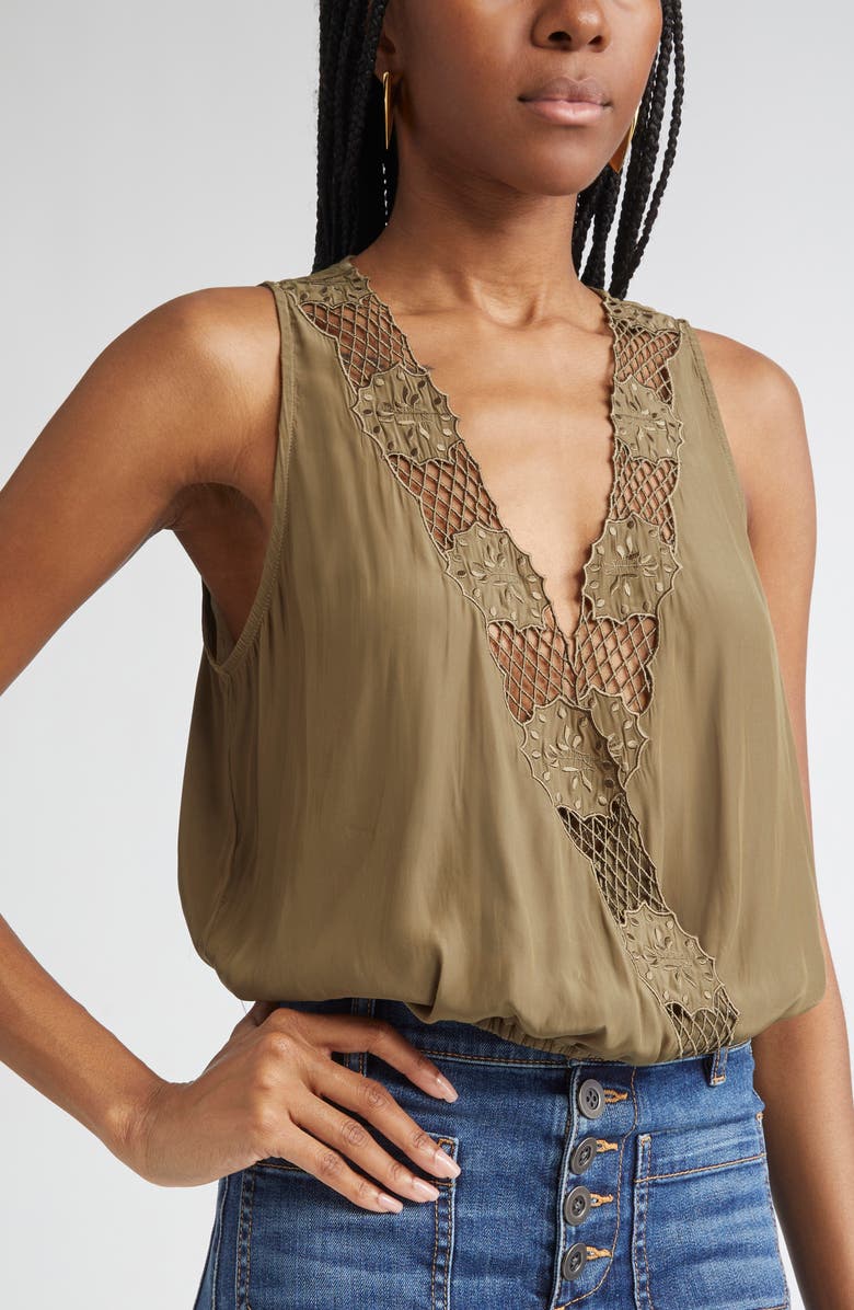 Ramy Brook Daisy Embroiderd Wrap Front Top, Alternate, color, Olive Green