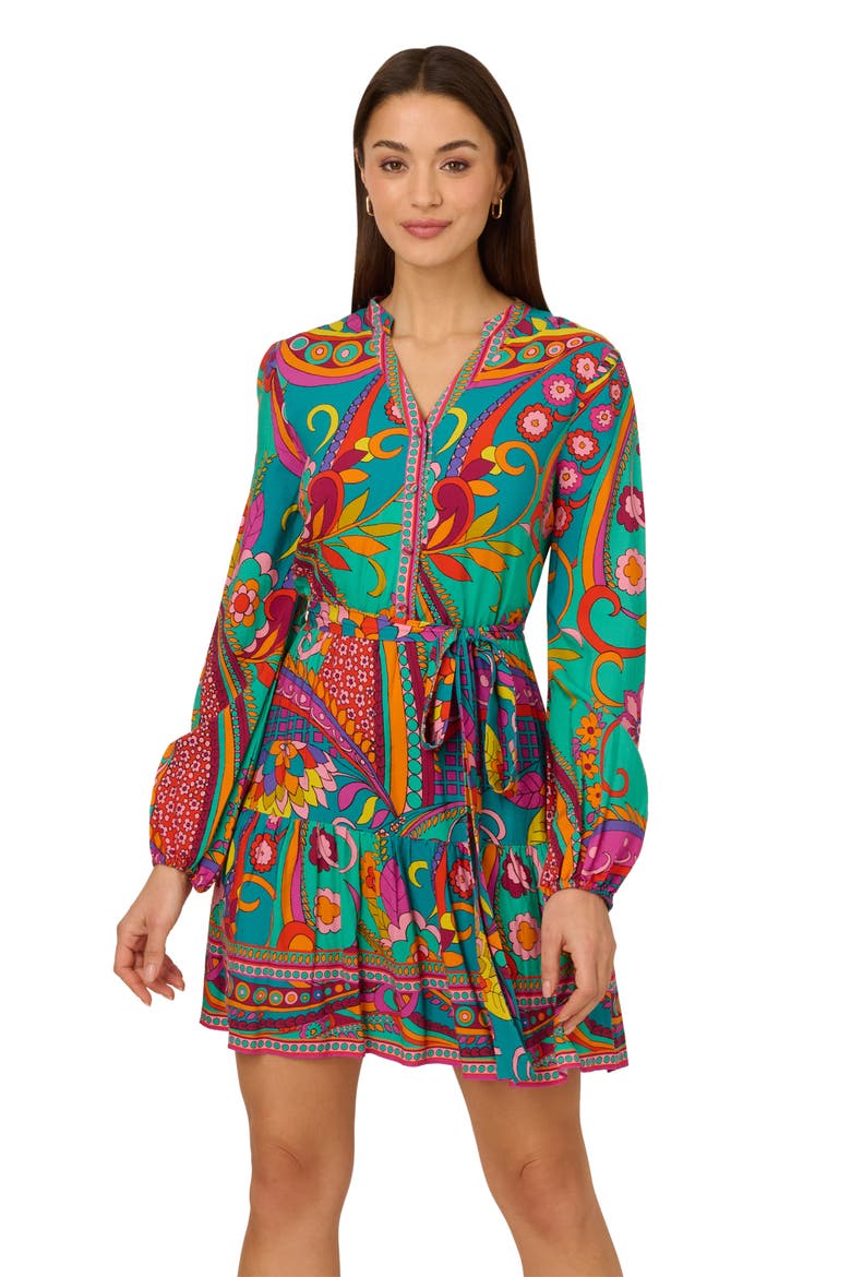 Print Tie Waist Long Sleeve Dress, Alternate, color, TEAL MULTI