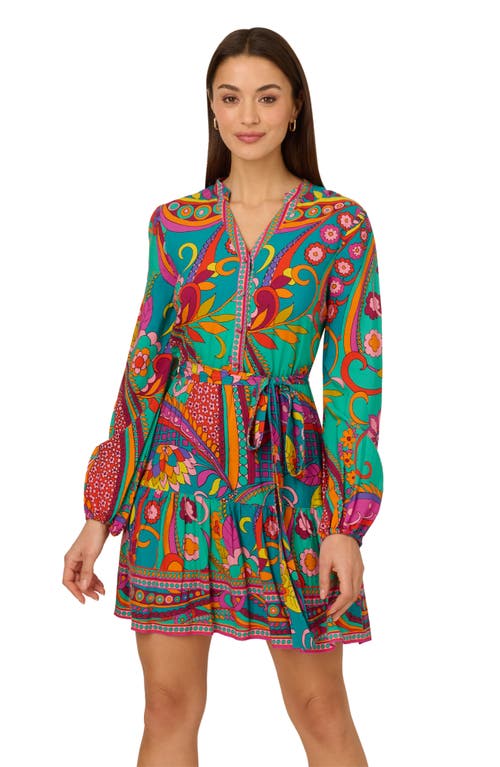 ADRIANNA PAPELL ADRIANNA PAPELL PRINT TIE WAIST LONG SLEEVE DRESS 